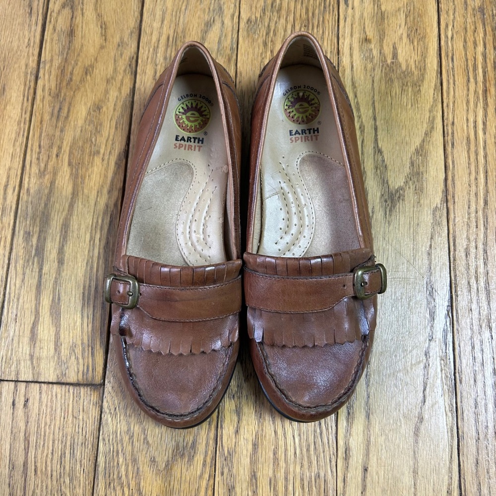 Earth Spirit Penn Brown Leather Kiltie Fringe Buckle Loafers Shoes Womens 7.5W